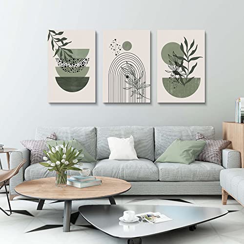 YongArt Sage Green Wall Posters & Prints, Green Boho Wall Art Set of 3, Minimalist Framed Wall Art Geometric Line Leaf Sun Moon Beige Green Canvas Artwork Paintings - Image 5