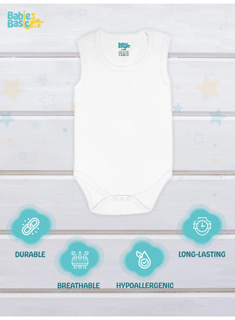 بابيز_بيسك 100% Super Combed Cotton, Sleeveless Romper/Bodysuit, For New Born To 24Months, Set Of 6 - White