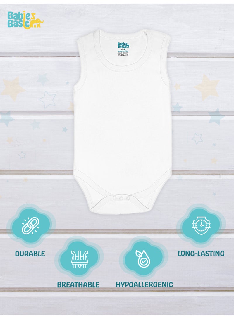 Babies Basic 100% Super Combed Cotton, Sleeveless Romper/Bodysuit, For New Born To 24Months, Set Of 6 - White  - Image 2