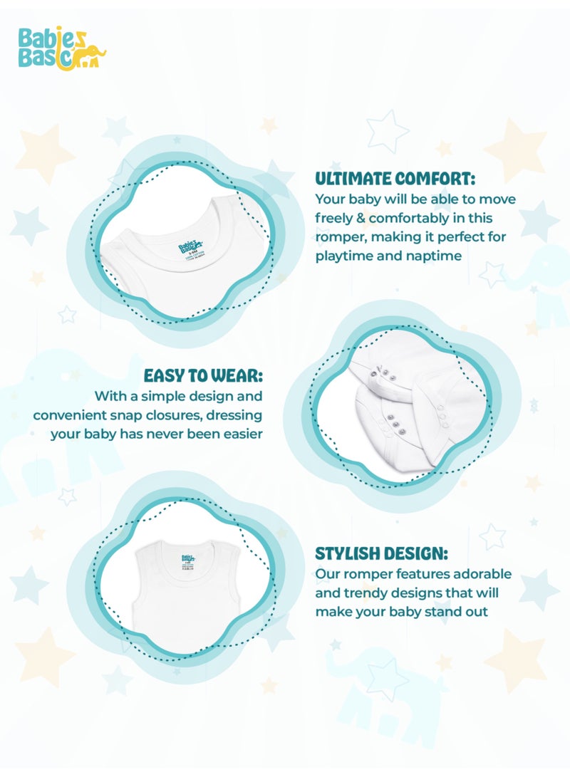 Babies Basic 100% Super Combed Cotton, Sleeveless Romper/Bodysuit, For New Born To 24Months, Set Of 6 - White  - Image 3