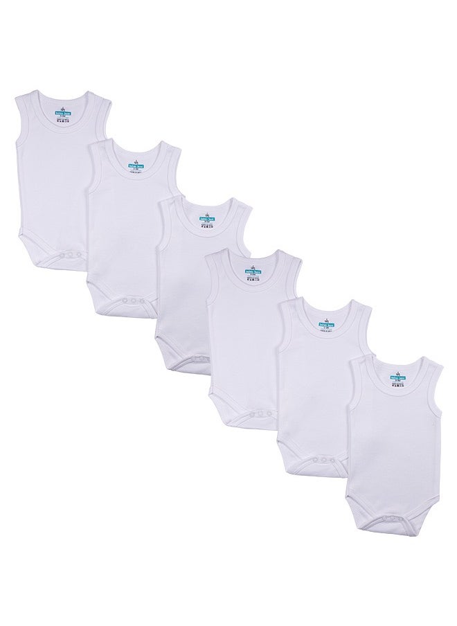 Babies Basic 100% Super Combed Cotton, Sleeveless Romper/Bodysuit, For New Born To 24Months, Set Of 6 - White  - Image 1
