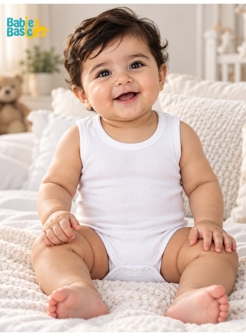 Babies Basic 100% Super Combed Cotton, Sleeveless Romper/Bodysuit, For New Born To 24Months, Set Of 6 - White - Image 2