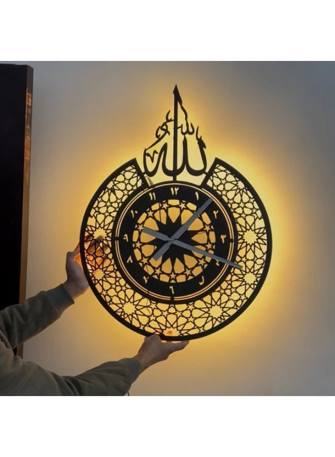 Premium Back-lit Metal Islamic Wall Clock - Allah Calligraphy Geometric LED Lighttar Design with - Image 2
