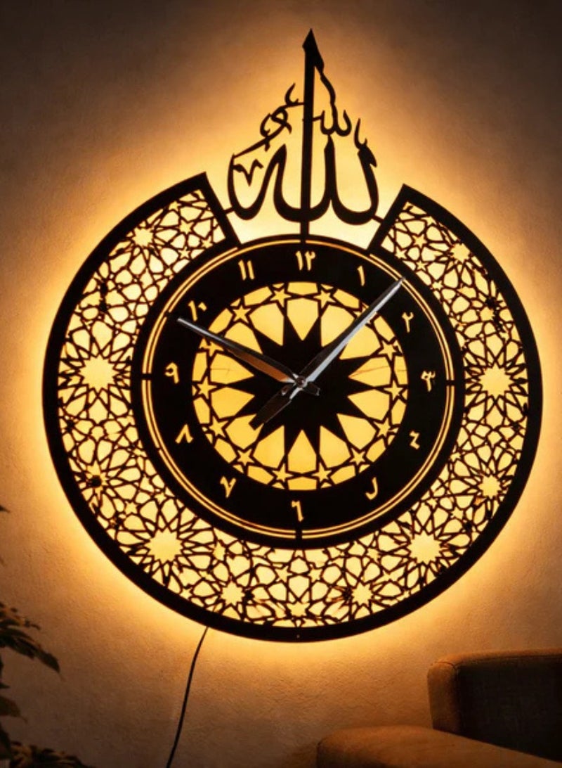 Premium Back-lit Metal Islamic Wall Clock - Allah Calligraphy Geometric LED Lighttar Design with - Image 3