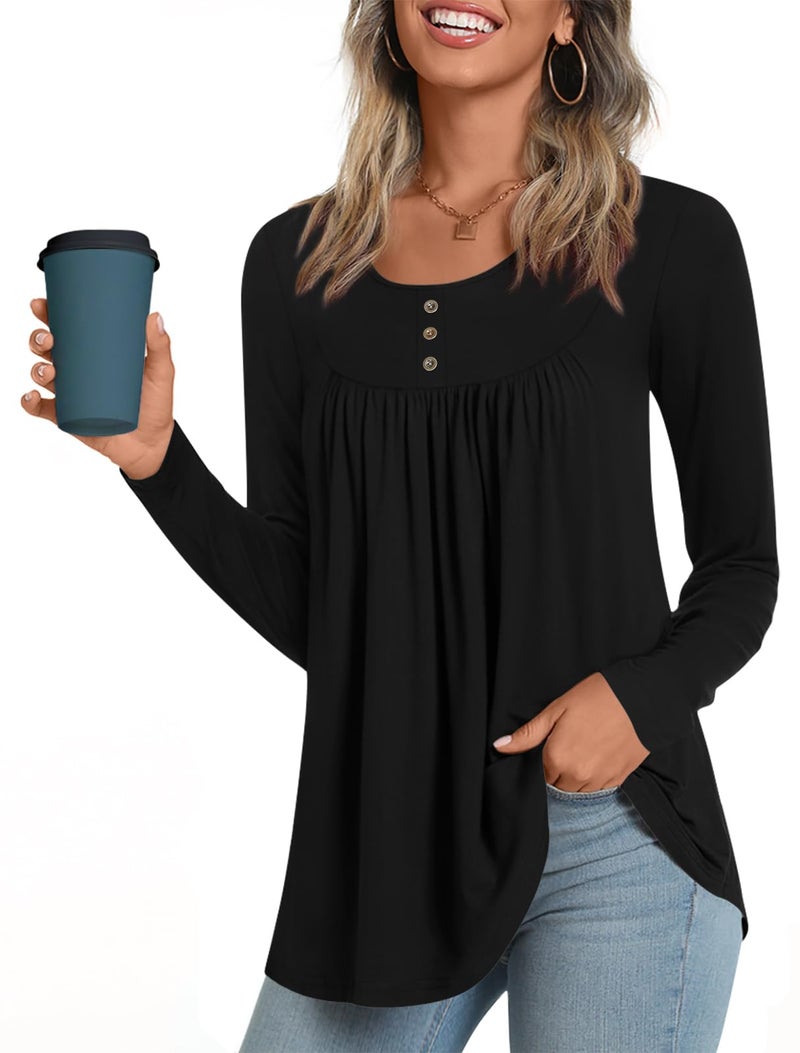 POPYOUNG Women's Long Sleeves Tunic Tops to Wear with Leggings Loose Fit Dressy Empire Waist Fall Tops XXL, Black - Image 1