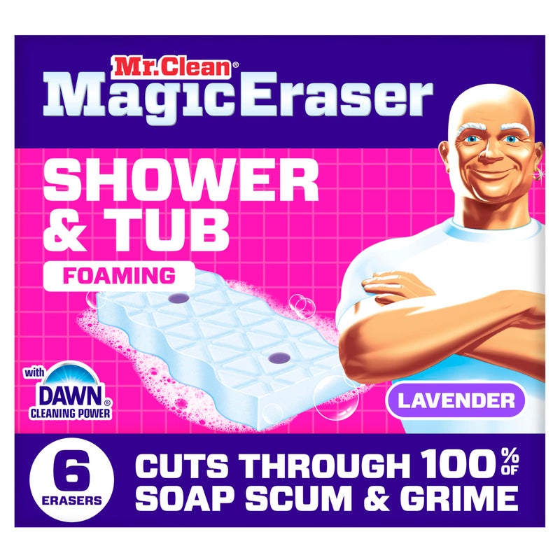 Mr Clean Mr. Clean Magic Eraser Sponge, Bathroom, Shower, Tub Cleaner, Soap Scum Remover, Bathroom Cleaning Supplies, Dawn Cleaning Power with Lavender Scent, Shower & Tub, 6ct - Image 1