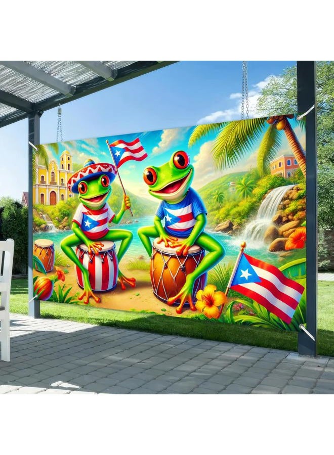 HOMETITUTE Puerto Rico Banner 71x43 Inch Backdrop with Coqui Frog Flag Bongo Drum Tropical Waterfall Caribbean Fiesta Background for Puerto Rican Heritage Celebration Party Decor - Image 2