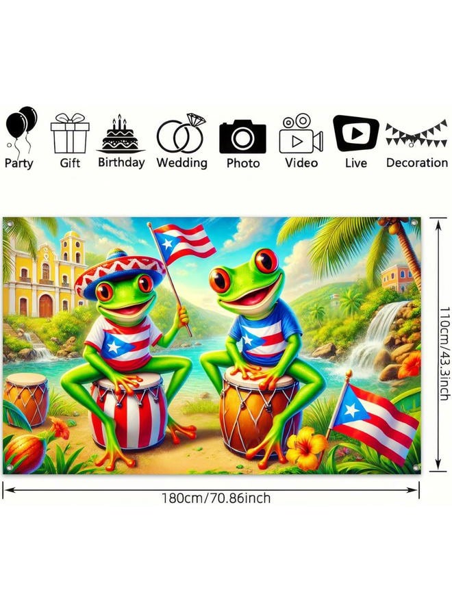 HOMETITUTE Puerto Rico Banner 71x43 Inch Backdrop with Coqui Frog Flag Bongo Drum Tropical Waterfall Caribbean Fiesta Background for Puerto Rican Heritage Celebration Party Decor - Image 3