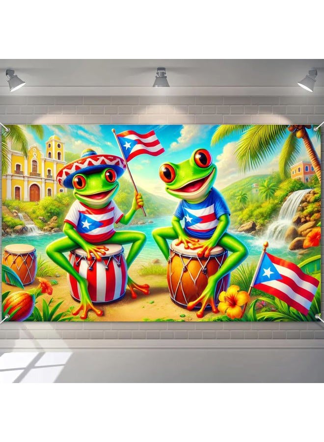 HOMETITUTE Puerto Rico Banner 71x43 Inch Backdrop with Coqui Frog Flag Bongo Drum Tropical Waterfall Caribbean Fiesta Background for Puerto Rican Heritage Celebration Party Decor - Image 1