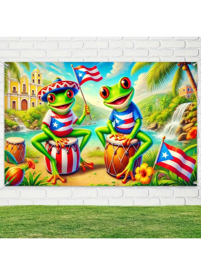 HOMETITUTE Puerto Rico Banner 71x43 Inch Backdrop with Coqui Frog Flag Bongo Drum Tropical Waterfall Caribbean Fiesta Background for Puerto Rican Heritage Celebration Party Decor - Image 4