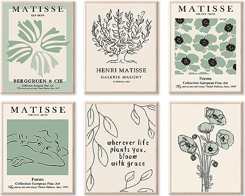 KBKBART Sage Green Matisse Wall Art Prints, Abstract Matisse Posters Green Wall Decor, Minimalist Flower Market Floral Wall Art Prints, Green Canvas Matisse Paintings Pictures for Aesthetic Room, Bedroom, - Image 1