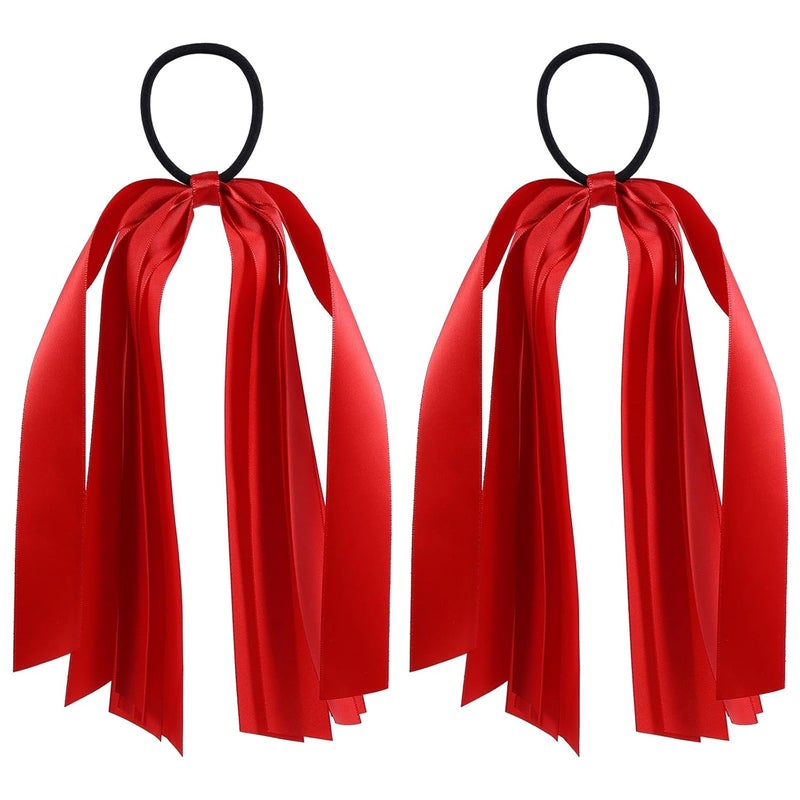 Red Ribbon Hair Ties Cheer Long Tassel Elastic Hairbands Handmade Girls Women Ponytail Holder Hair Accessories for Holiday Party