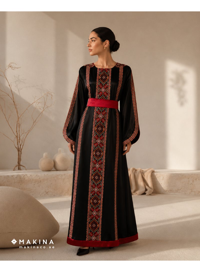 MAKINA Fallahi Thobe for Special Occasions, Black Charmeuse with Embroidered Detail - Image 1