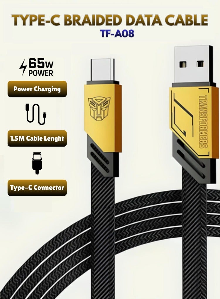 TRANSFORMERS Bumblebee Edition 65W Fast Charging Cable USB-A to USB-C, Durable Nylon Braided Cord, High-Speed Data Transfer, Tangle Free Design 1.5m– TF-A08 Black/Yellow - Image 1