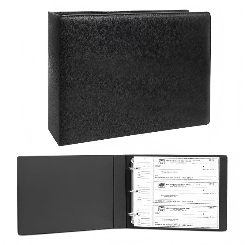 LLi Cufite 3 Rings Check Binder for End-Stub Deskbook Checks, 3 on a Page, Fit 3 & 9 Holes Check Faux Leather (9.1"x12.5") (Black) - Image 1