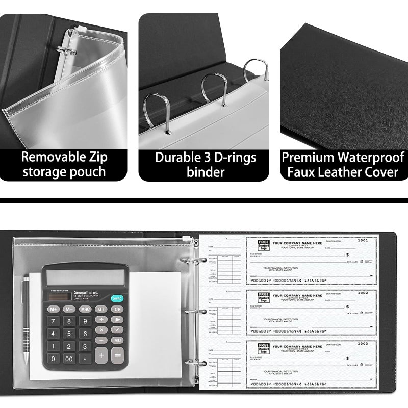 LLi Cufite 3 Rings Check Binder for End-Stub Deskbook Checks, 3 on a Page, Fit 3 & 9 Holes Check Faux Leather (9.1"x12.5") (Black) - Image 4