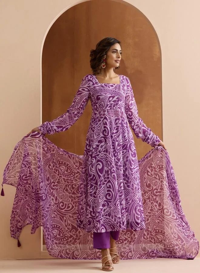 ISHIN Women's Lilac 100% Polyester Embroidered Tunic Full Length Palazzo Straight Fit Kurta Set