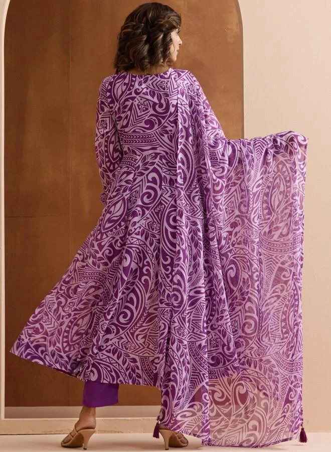 ISHIN Women's Lilac 100% Polyester Embroidered Tunic Full Length Palazzo Straight Fit Kurta Set