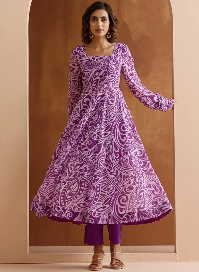 ISHIN Women's Lilac 100% Polyester Embroidered Tunic Full Length Palazzo Straight Fit Kurta Set