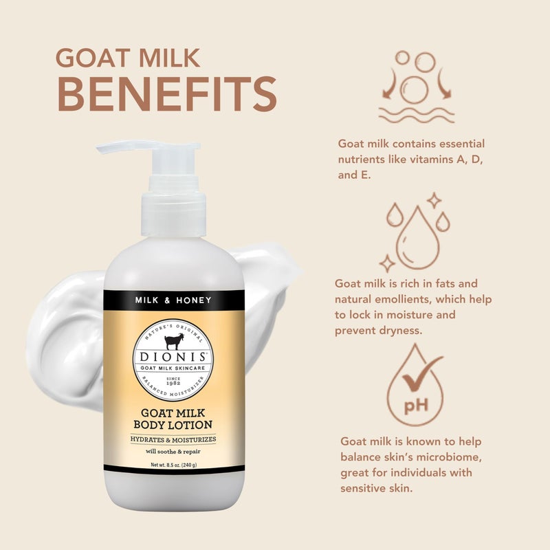 Dionis Goat Milk Hydrating Skincare Cream, Rich & Creamy Daily Moisturizing Milk & Honey Scented Body Lotion For Dry Skin, Made in the USA, Cruelty-Free & Paraben-Free, 8.5 oz Bottle - Image 2