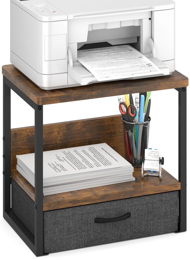 MARTY Printer Stand with Storage Drawer for Desk, 2-Tier Desktop Printer Stand Shelf Organzier for Home Office Printer Riser Under Desk Small Printer Table (Rustic Brown) - Image 1