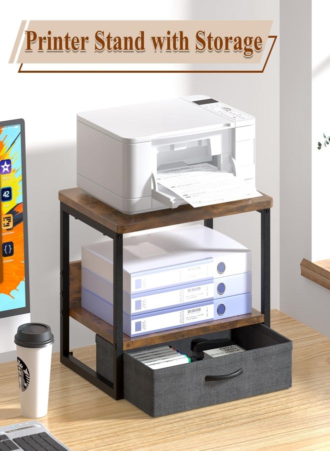 MARTY Printer Stand with Storage Drawer for Desk, 2-Tier Desktop Printer Stand Shelf Organzier for Home Office Printer Riser Under Desk Small Printer Table (Rustic Brown) - Image 2