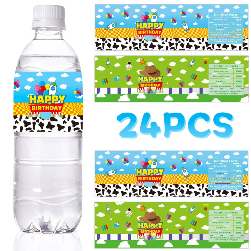 CHENRINDECO 24 Pcs Cartoon Story Water Bottle Labels Toy Inspired Party Birthday Decorations for Toy Themed Birthday Party Supplies - Image 1