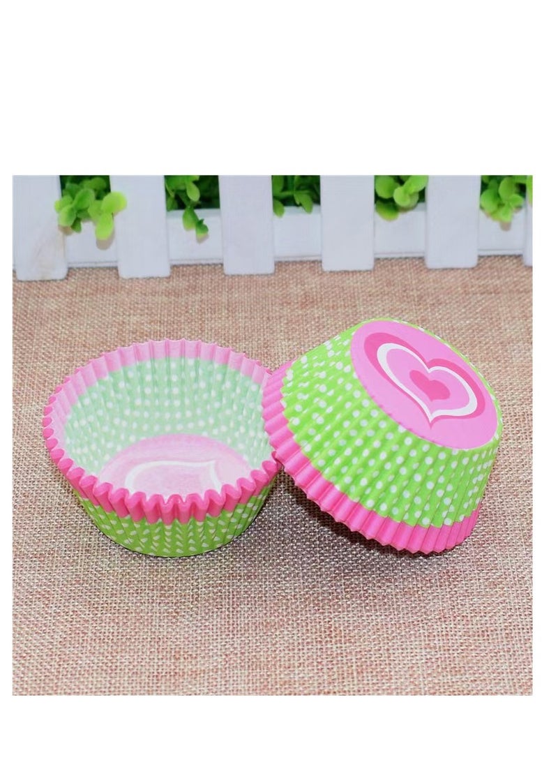 100Pcs/set  Cupcake Baking Paper Cases Cake Box,Disposable Muffins Baking Cupcake Mould 6.8x5x3cm - Green Pink Heart