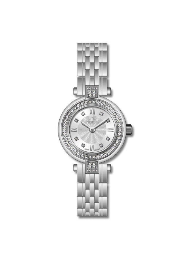 مارتيني ساعة مارتيني الأنيقة للنساء بتصميم عصري مينا فضية وسوار من الفولاذ المقاوم للصدأ مقاومة للماء مثالية للإطلالات الكاجوال والرسمية - Image 1