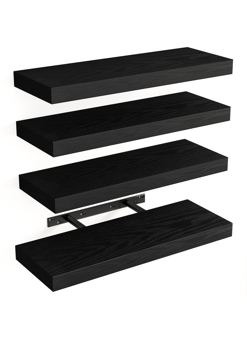 ELFSA - 40CM Floating Shelves, Rustic Wood Finish Wall Shelves Set of 4, Shelves for Wall Decor, with Invisible Brackets for Bathroom, Living Room,Bedroom and Kitchen(Black) - Image 1