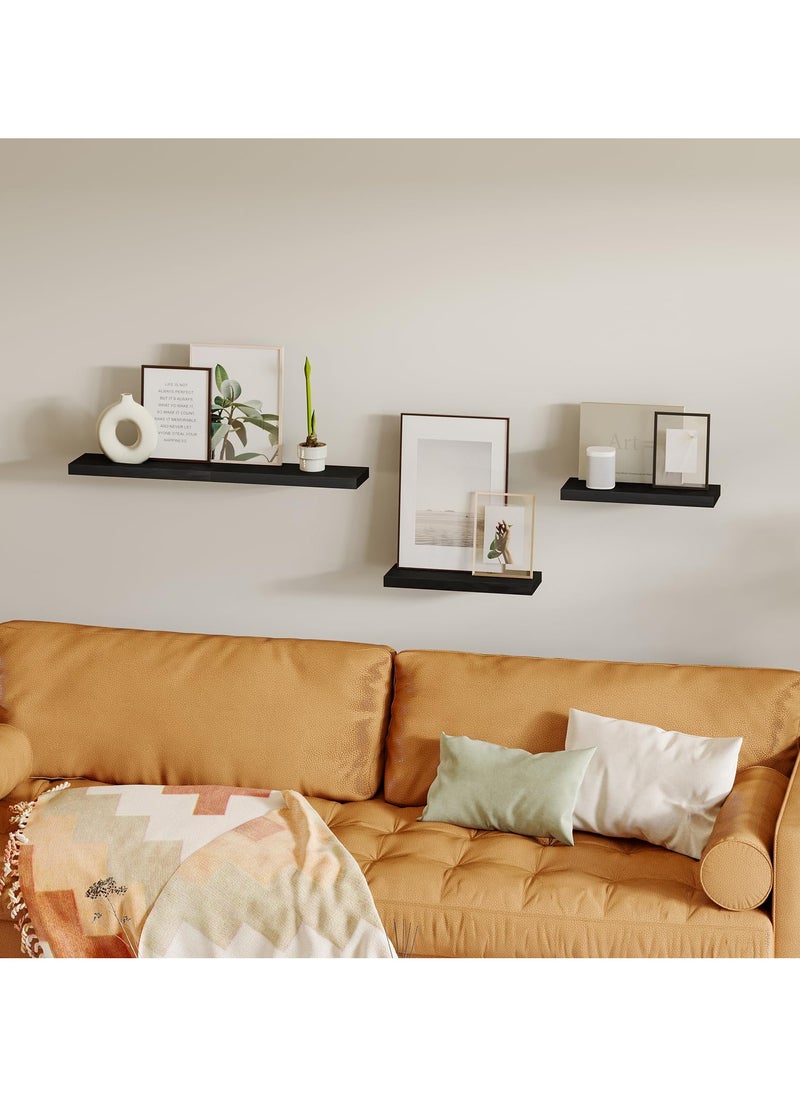 ELFSA - 40CM Floating Shelves, Rustic Wood Finish Wall Shelves Set of 4, Shelves for Wall Decor, with Invisible Brackets for Bathroom, Living Room,Bedroom and Kitchen(Black) - Image 1