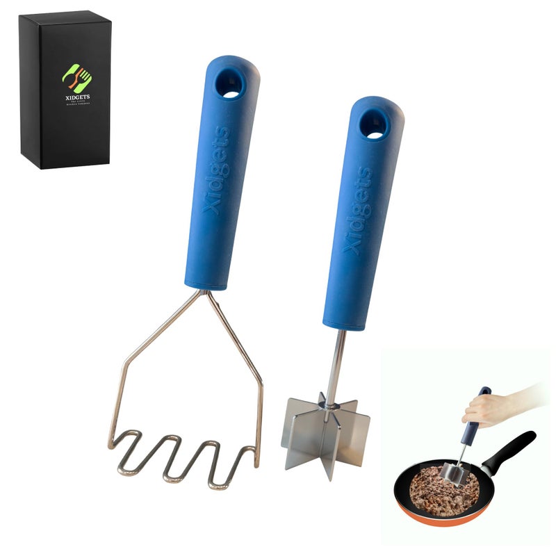 Xidgets 2pc Box Set - Stainless Steel Meat Masher & Large Potato Masher with Soft Grip Handle â€“ Heavy Duty Handle & Mashing Head for Ground Beef, Meat, and More â€“ Dishwasher Safe (Lagoon Blue/Lagoon Blue) - Image 1