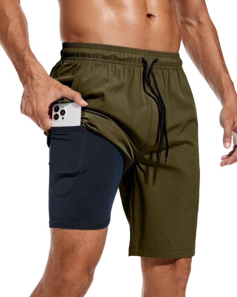 difficort Mens Swim Trunks Quick Dry Bathing Suit 9 inch Inseam Board Shorts with Compression Liner and Zipper Pocket,Army Green,Large - Image 1