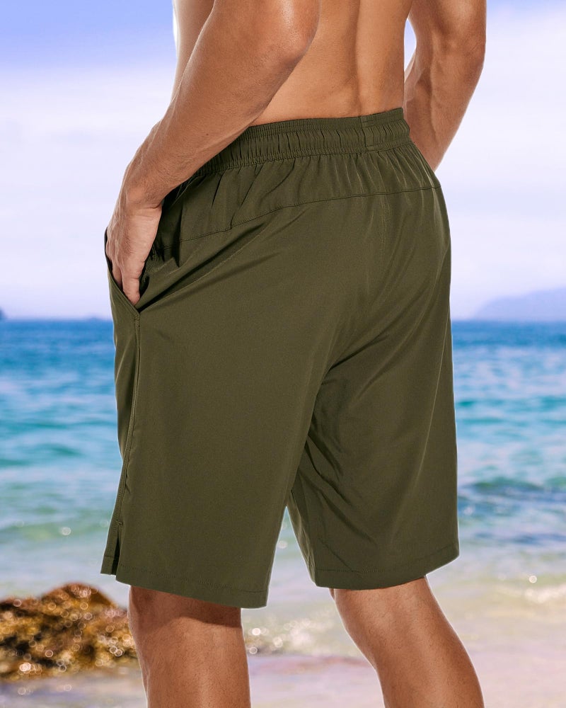 difficort Mens Swim Trunks Quick Dry Bathing Suit 9 inch Inseam Board Shorts with Compression Liner and Zipper Pocket,Army Green,Large - Image 4
