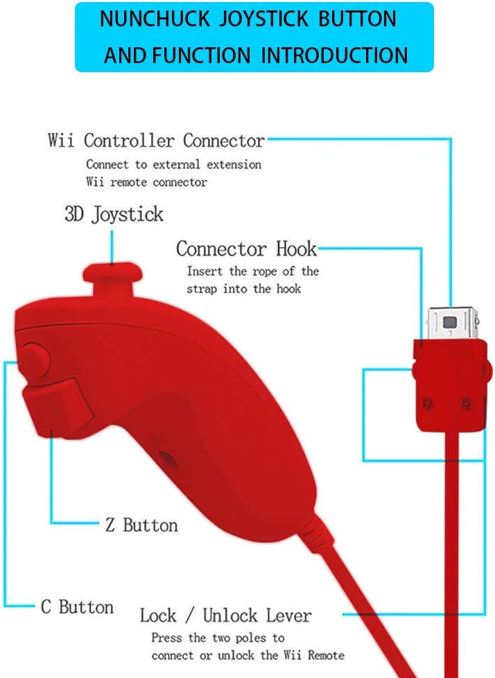 ZeroStory 2 حزم وحدة التحكم اللاسلكية و Nunchuck ل Wii و Wii U وحدة التحكم، Gamepad مع كيس السيليكون وحزام المعصم (الأحمر والأزرق) - Image 3