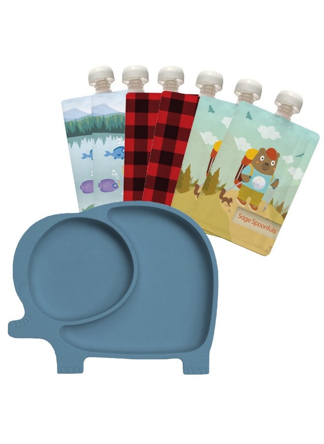 Sage Spoonfuls - 7Piece Feeding Set Sage Spoonfuls Suction Plate And Baby Food Pouch Set For Babies And Toddlers 100% Silicone Divided Plate With Suction Base 6Pack Bpa Free 7Oz Double Zipper Reusable Food Pouches - Image 1
