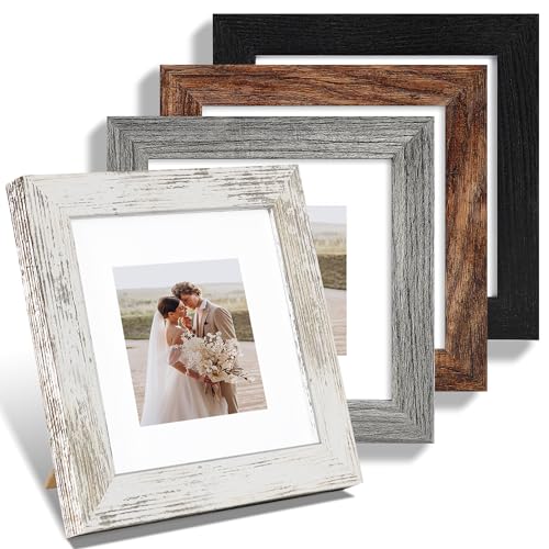 Hongkee 6x6 Picture Frame Set of 4 Made of Real Glass and Multicolour Wooden Frame 6 by 6 Photo for Wall or Tabletop Display Picture 4x4 with Mat or 6x6 Without Mat - Image 1