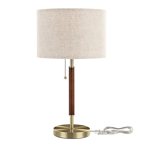 EDISHINE Mid Century Table Lamp, Bedside Lamp with Pull Chain Switch, Solid Wood & Metal Pole, Modern Nightstand Table Lamp for Living Room, Bedroom, Office, Frosted Bronze & Wood Finish - Image 1