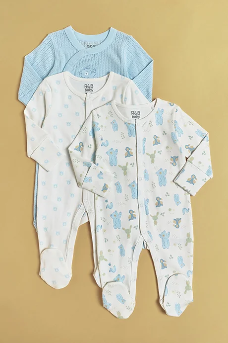 R&B 3 Pack Printed Footed Sleepsuits with Long Sleeves