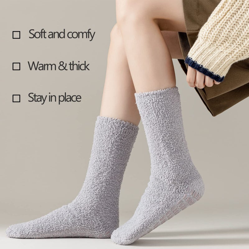 JORMATT 3 Pairs Women Grip Fuzzy Socks Non Skid \Thick Cozy Slipper Hospital Socks with Grips,Size XS - Image 4