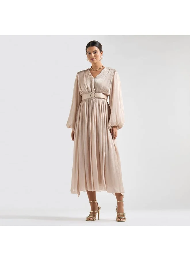 FAV Textured Belted Midi Dress with V-neck and Long Puff Sleeves