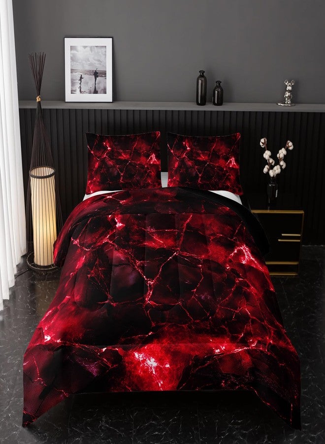 Nttopship Red Comforter Set Full Size，Red Marble Bedding Set 3 Pcs Bedding for Adults, Marble Room Decor with Comforter and 2 Pillowcases Soft and Lightweight B-Side Black - Image 1
