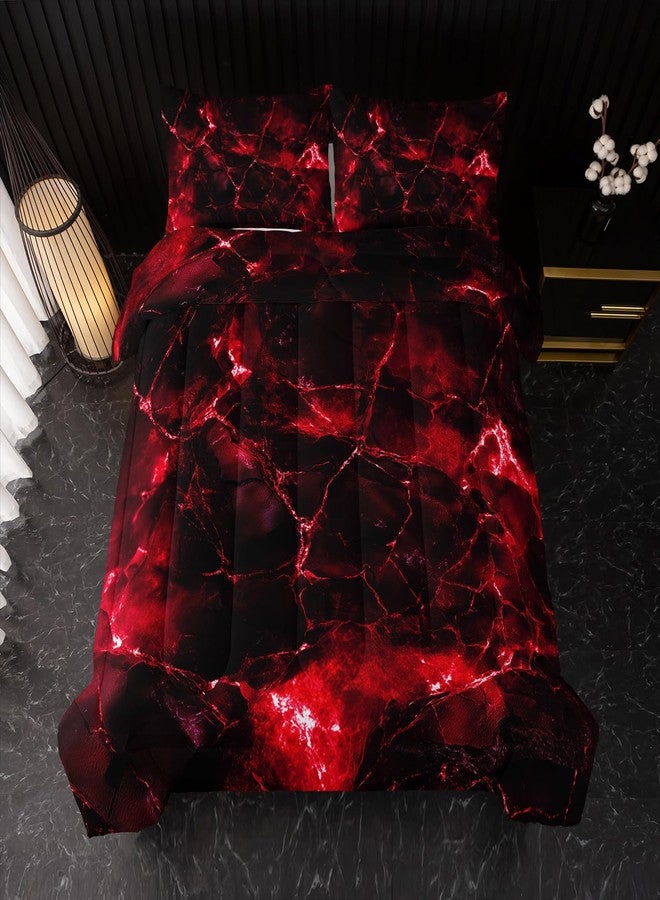 Nttopship Red Comforter Set Full Size，Red Marble Bedding Set 3 Pcs Bedding for Adults, Marble Room Decor with Comforter and 2 Pillowcases Soft and Lightweight B-Side Black - Image 2