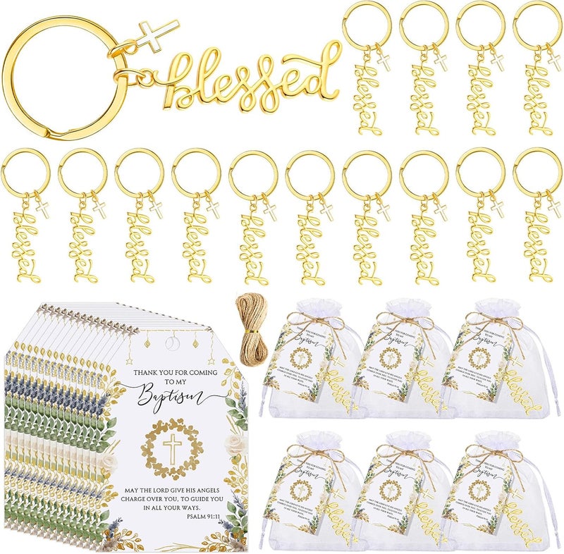 Sureio سوريو 25 مجموعة هدايا المعمودية للضيوف تتضمن 25 سلسلة مفاتيح ذهبية مباركة مع تعويذة صليب وسلاسل مفاتيح المعمودية مع بطاقات شكر وحقيبة هدايا هدايا حفلة المعمودية - Image 1