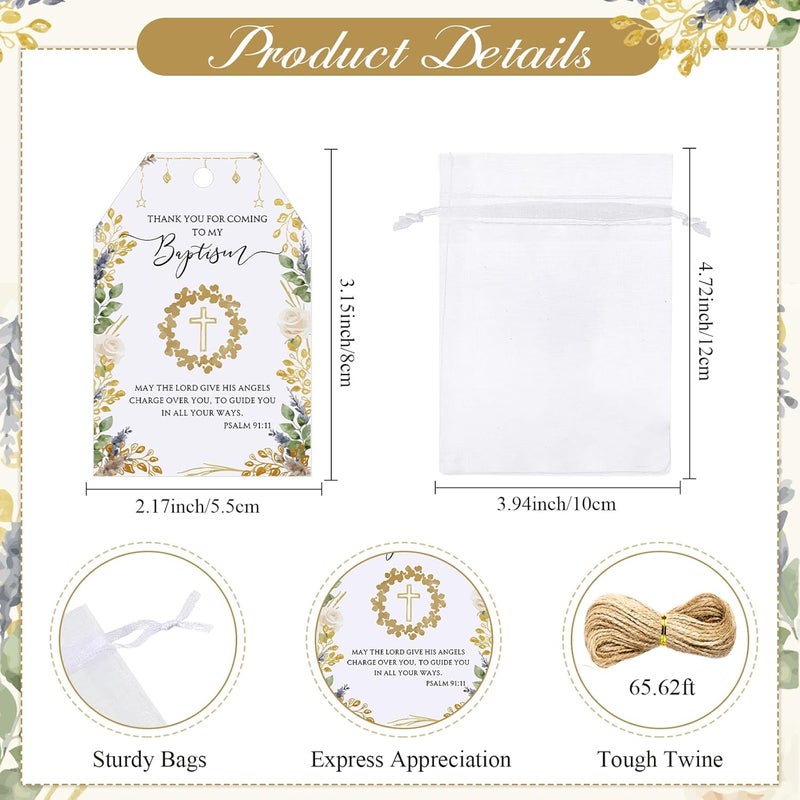 Sureio سوريو 25 مجموعة هدايا المعمودية للضيوف تتضمن 25 سلسلة مفاتيح ذهبية مباركة مع تعويذة صليب وسلاسل مفاتيح المعمودية مع بطاقات شكر وحقيبة هدايا هدايا حفلة المعمودية - Image 3