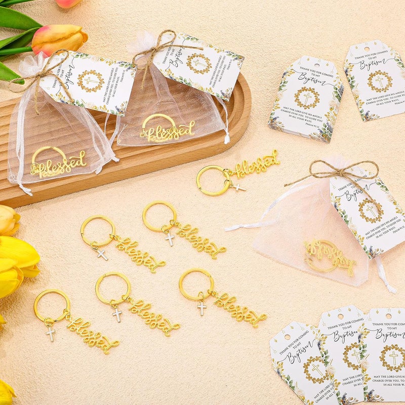 Sureio سوريو 25 مجموعة هدايا المعمودية للضيوف تتضمن 25 سلسلة مفاتيح ذهبية مباركة مع تعويذة صليب وسلاسل مفاتيح المعمودية مع بطاقات شكر وحقيبة هدايا هدايا حفلة المعمودية - Image 5