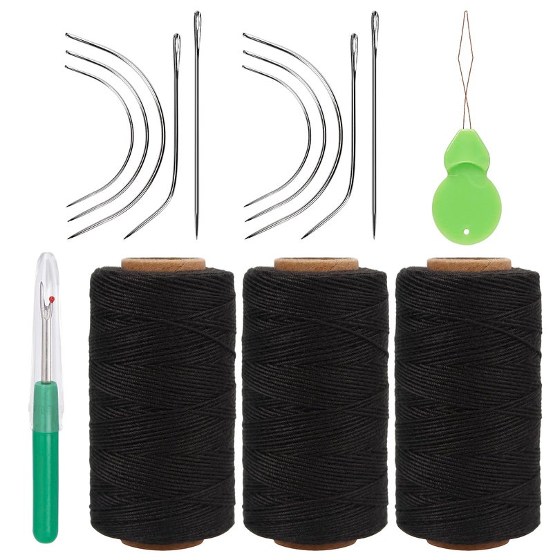Lusecarl Needle and Thread for Hair Extensions 3 Rolls Hair Weave Sewing Threads with 10 Pcs C J I Shape Curved Upholstery Needles for Hand Sewing, Hair Extensions, Making Wigs DIY (10+3, Black) - Image 1
