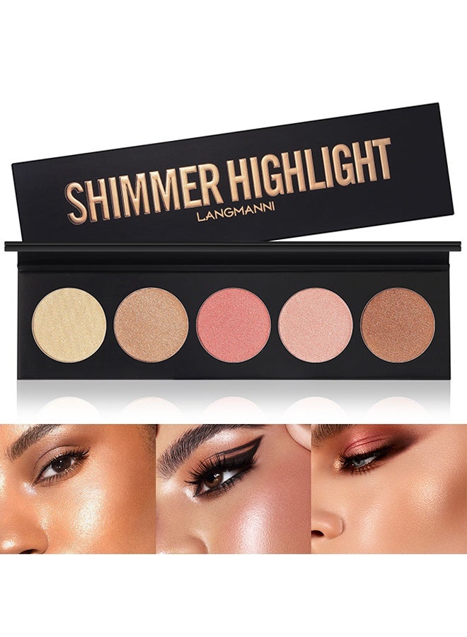 LANGMANNI Summer Highlight Waterproof 5 Color Highlighter Powder Palette, Facial Makeup Palette with Bronzers, Radiant, Long Lasting Glow and Silky Smooth Finish, Brilliant  and Lighten Skin Color - Image 1