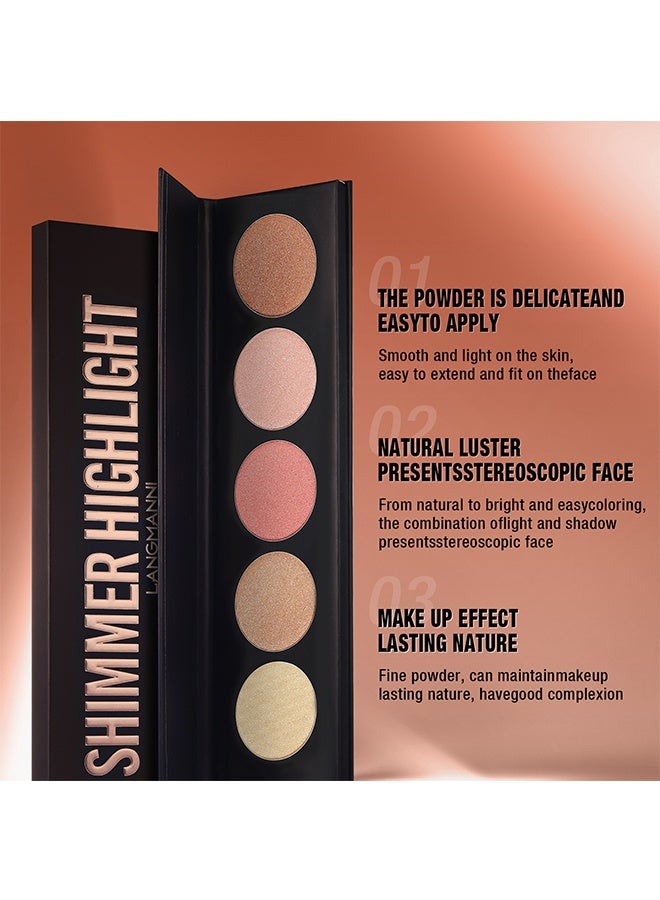 LANGMANNI Summer Highlight Waterproof 5 Color Highlighter Powder Palette, Facial Makeup Palette with Bronzers, Radiant, Long Lasting Glow and Silky Smooth Finish, Brilliant  and Lighten Skin Color - Image 2