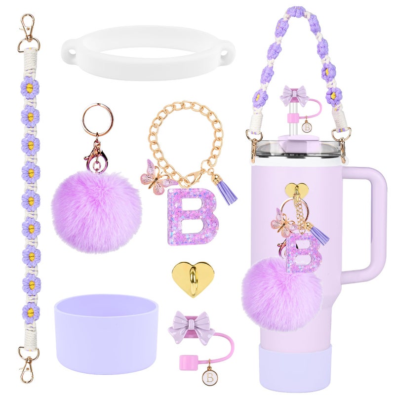 QUNNDY Stanley Cup Accessories Set 10mm Bow Straw Topper Siliocne Boot Water Bottle Handle Strap Letter Charms for Stanley Cup Straw Cover Cap 40oz 30oz Tumbler B